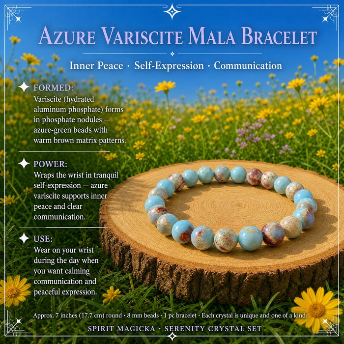 Azure variscite mala bracelet of blue and brown-patterned beads on a wood slice