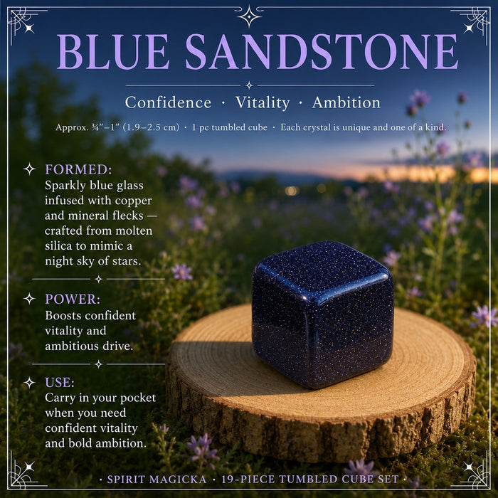 Blue Sandstone tumbled cube on a wooden round in a meadow at dusk