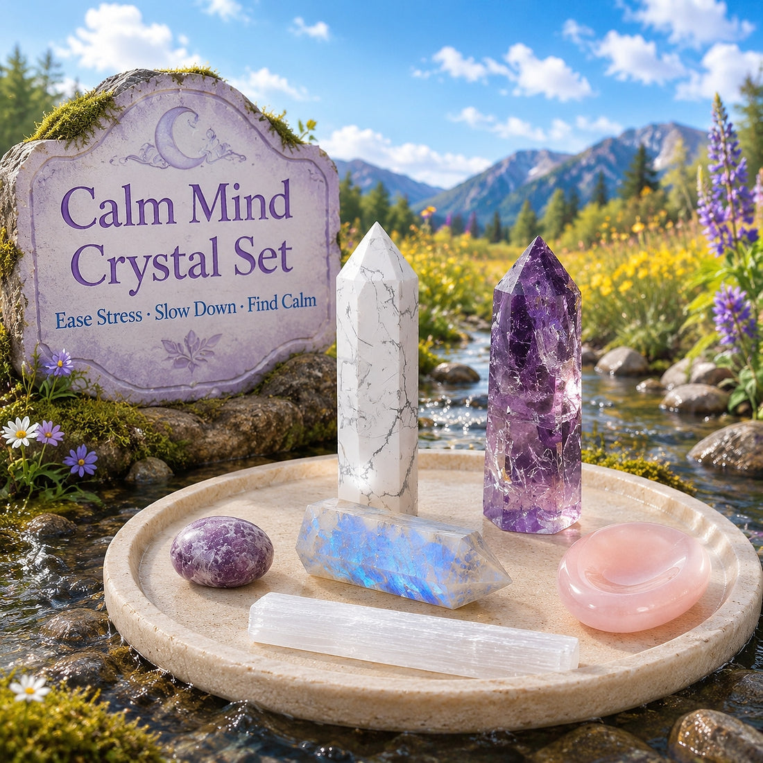 All six Calm Mind crystals on a round stone tray beside a mountain stream: howlite and amethyst points, blue moonstone, lepidolite, a rose quartz worry stone and a selenite stick