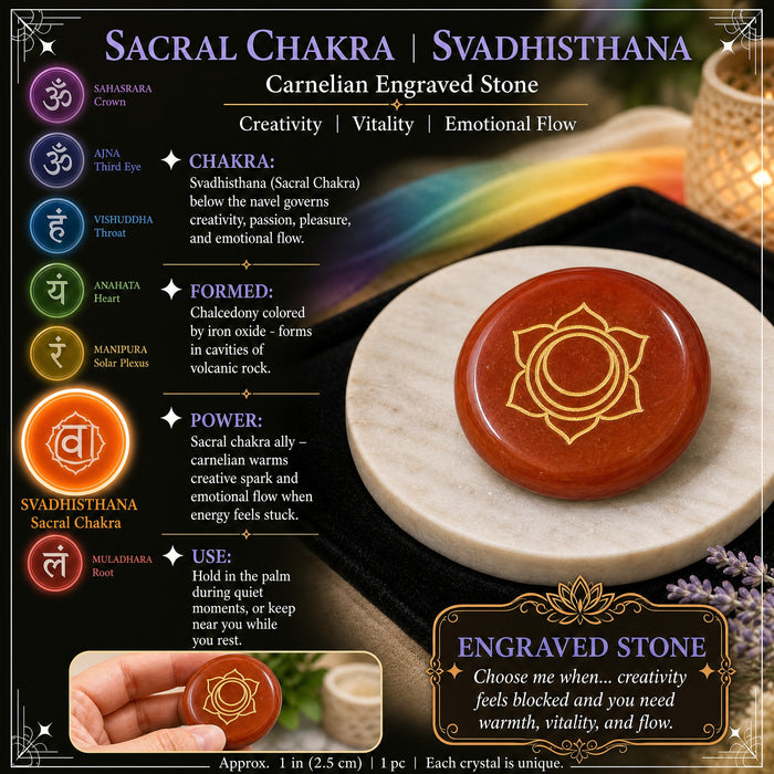 Glowing orange carnelian pancake stone engraved with the gold sacral chakra symbol