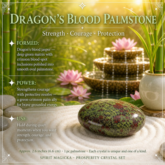 Green and crimson dragon blood palmstone on raked sand