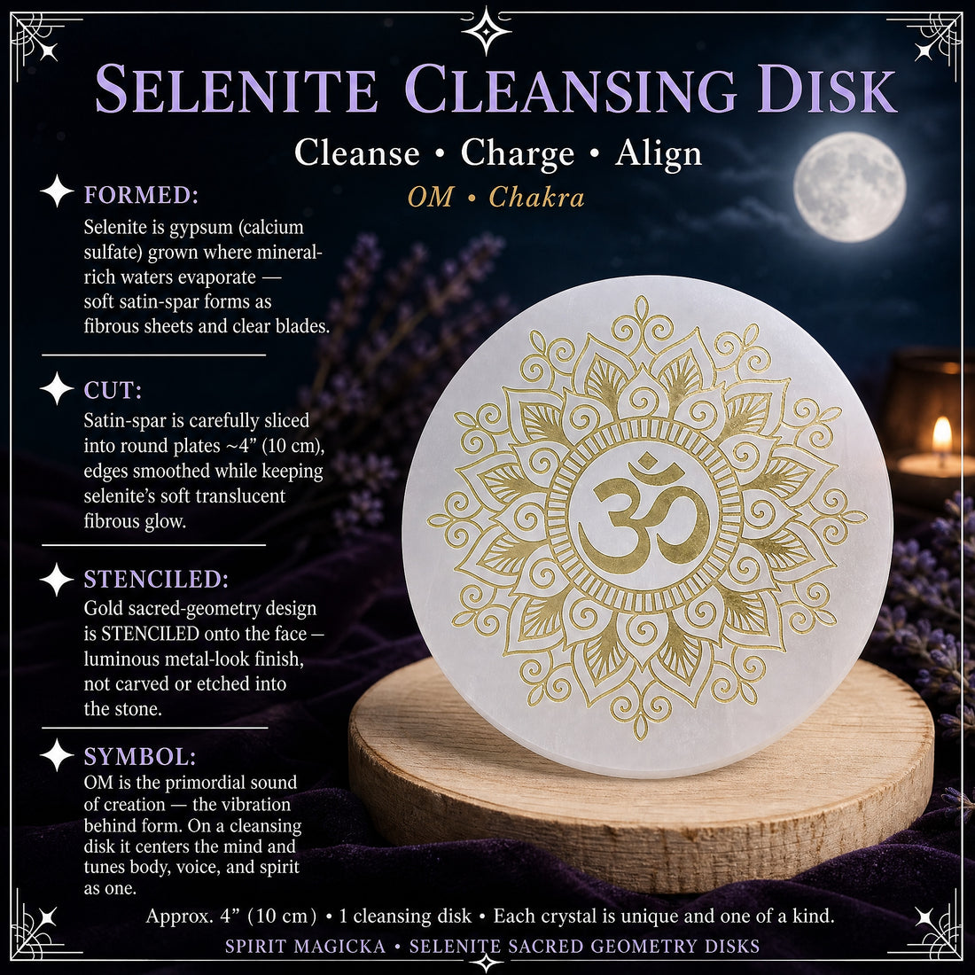 The round selenite disk with a gold OM symbol framed by a lotus mandala, standing on a wooden base