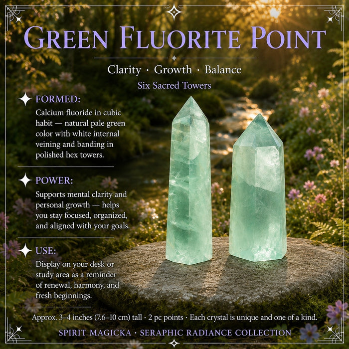 Two pale green fluorite points with white veining standing on a stone