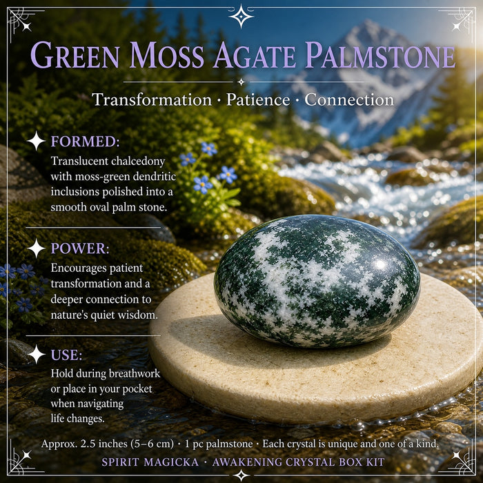 Polished green moss agate palm stone with white and green patterning