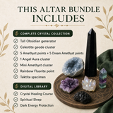 What's included in the Obsidian Generator altar bundle: crystals plus Crystal Healing Course, Spiritual Sleep, and Dark Energy Protection