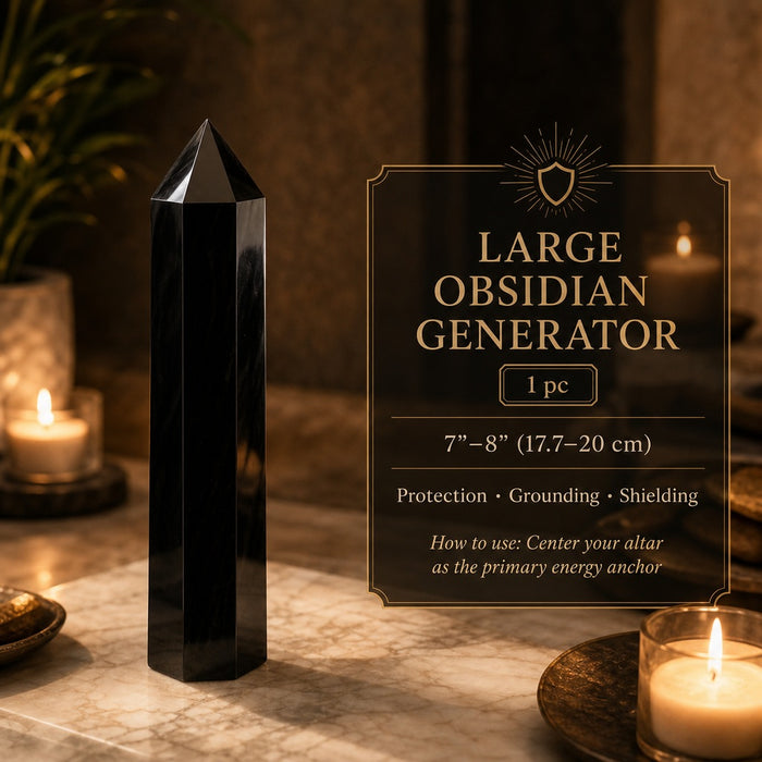 The large obsidian generator, a tall polished black tower beside candles