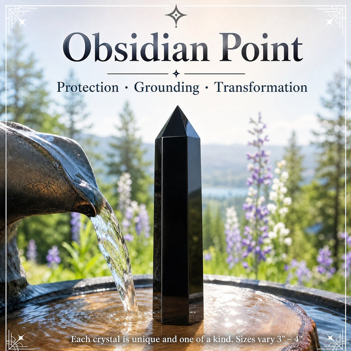 Glossy black obsidian point standing beside a fountain
