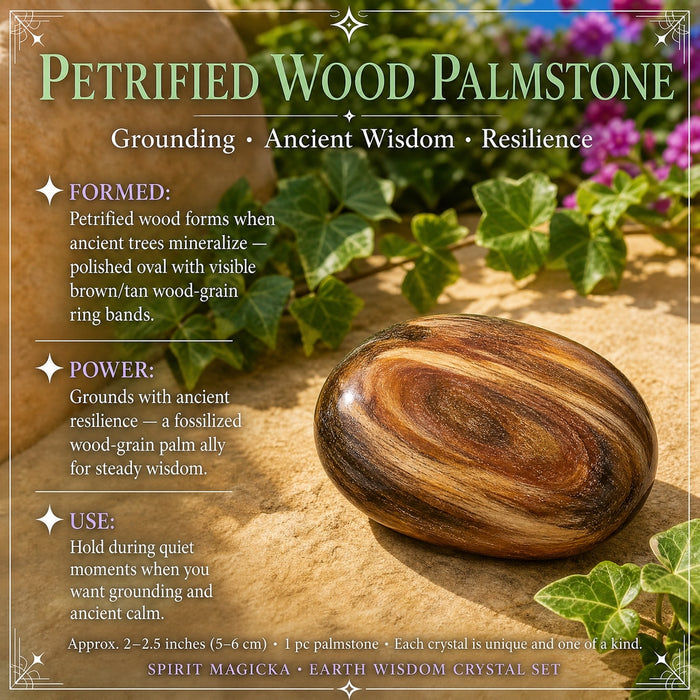 Polished petrified wood palm stone with brown and tan wood-grain rings