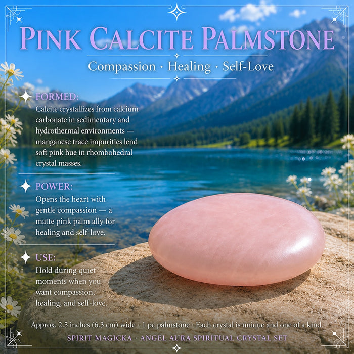 A smooth pink calcite palmstone on a rock by a lake