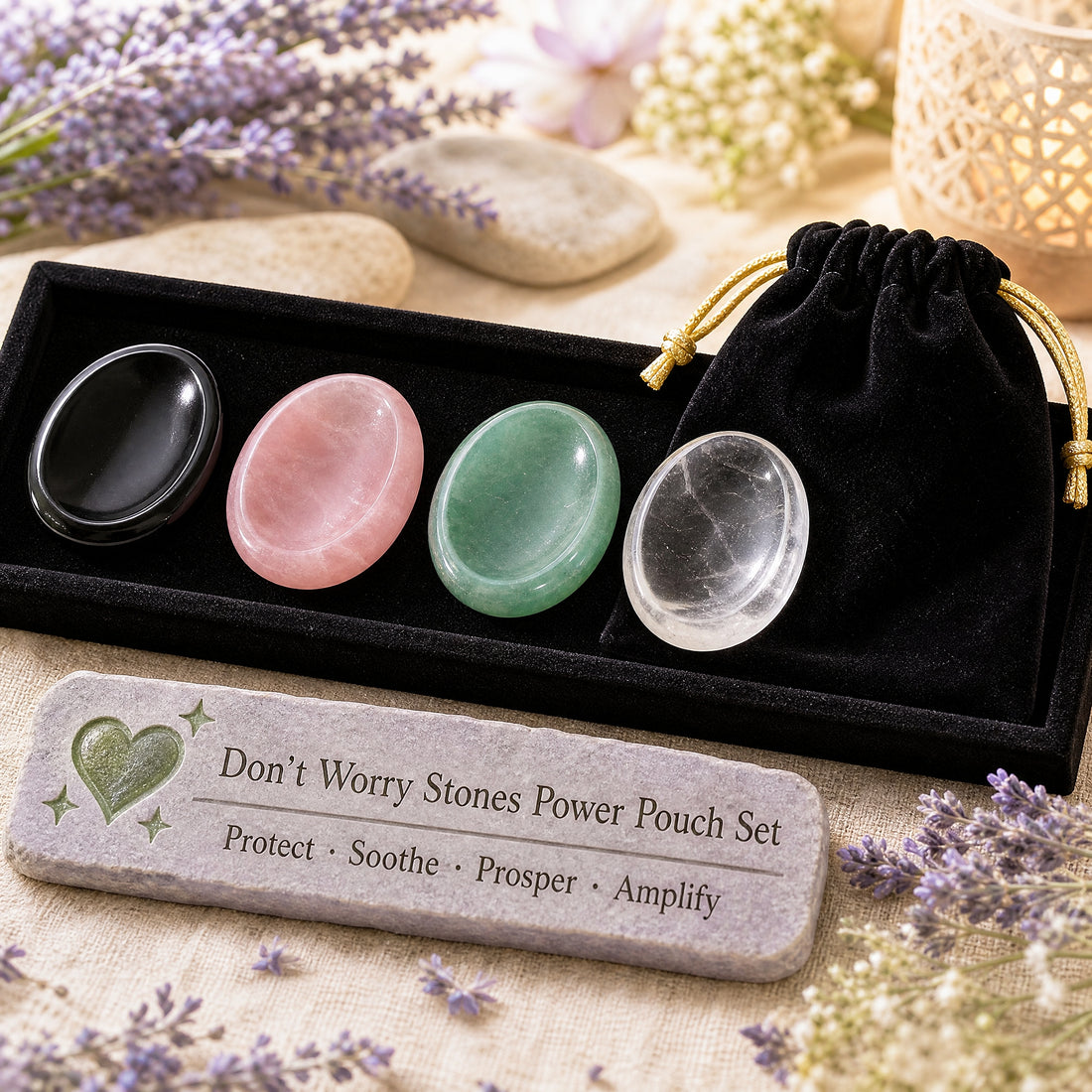 Black obsidian, rose quartz, green aventurine and clear quartz worry stones in a velvet tray beside a black velvet pouch