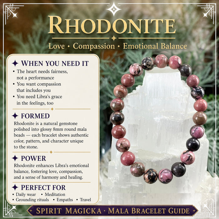 Rhodonite bead bracelet in rose pink veined with black on a selenite tower