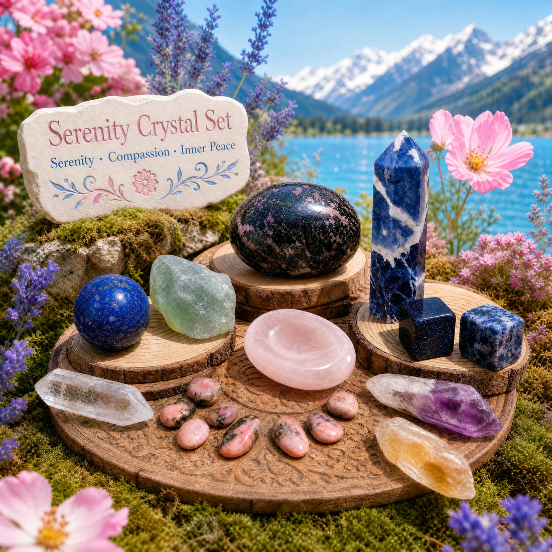 The Serenity Crystal Set arranged on wood rounds among lavender and pink flowers: sodalite point, rhodonite palmstone, rose quartz worry stone, lapis lazuli sphere, green fluorite, rhodonite mini gemstones, two cubes and three raw shards