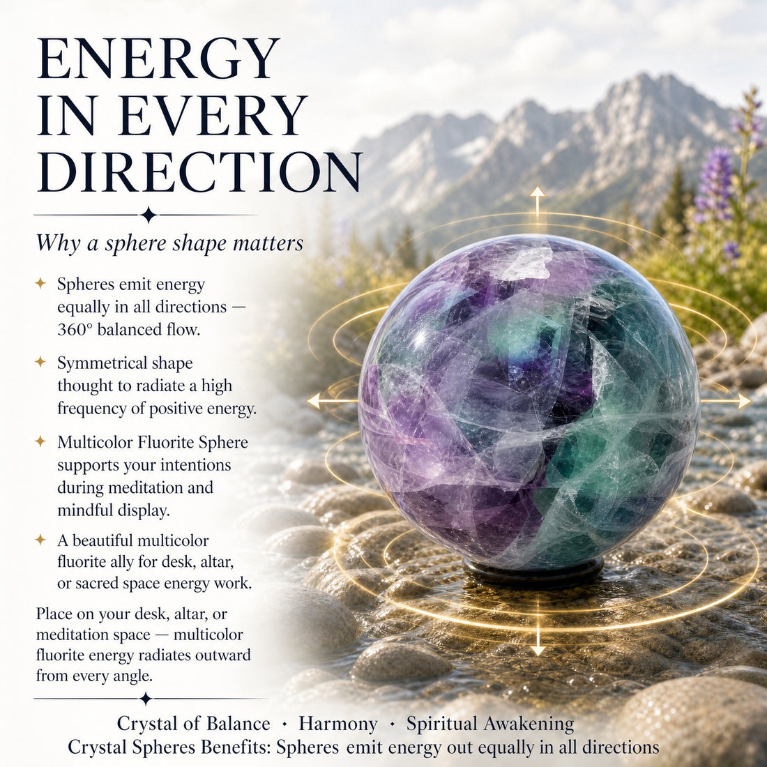 A multicolor fluorite sphere on a stand by a mountain stream, circled by rings of golden light, with notes on the sphere shape
