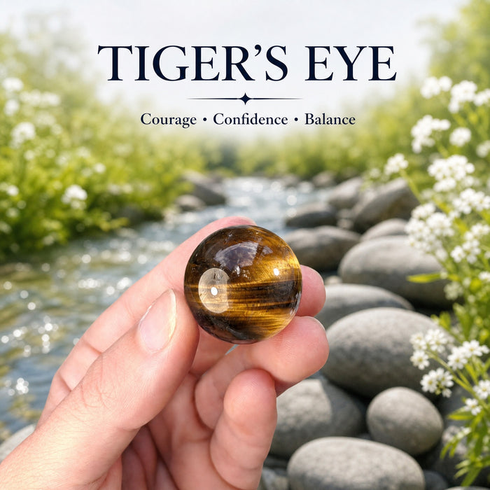A small golden-brown banded tiger eye sphere held in the fingertips