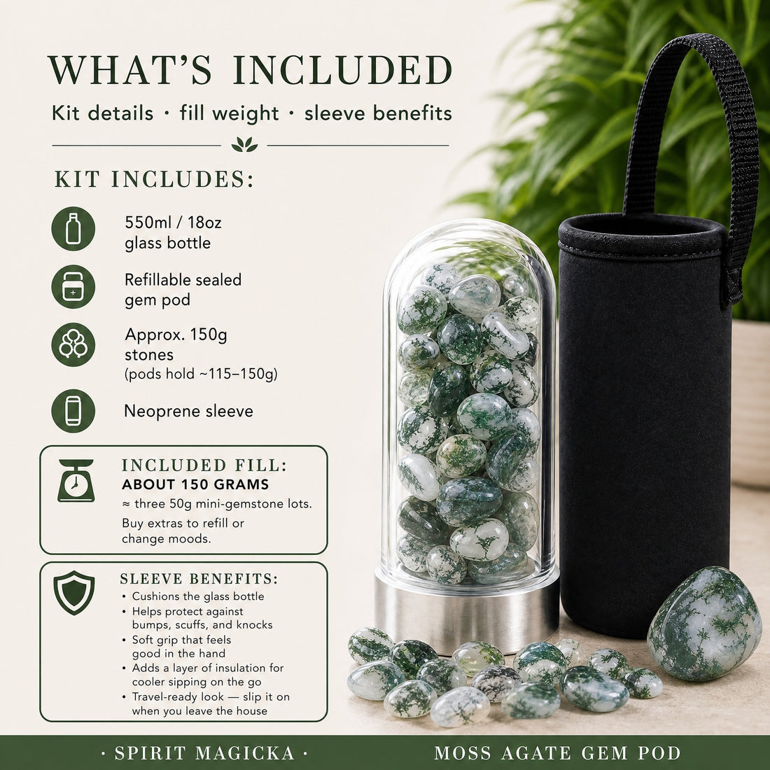 The moss agate gem pod on its stainless steel base beside the black neoprene carry sleeve, with loose moss agate stones in front