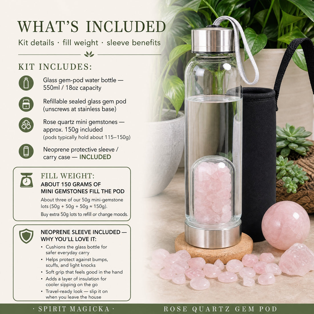 The rose quartz gem pod bottle beside its black neoprene carry sleeve, with loose rose quartz stones and a rose quartz sphere in front