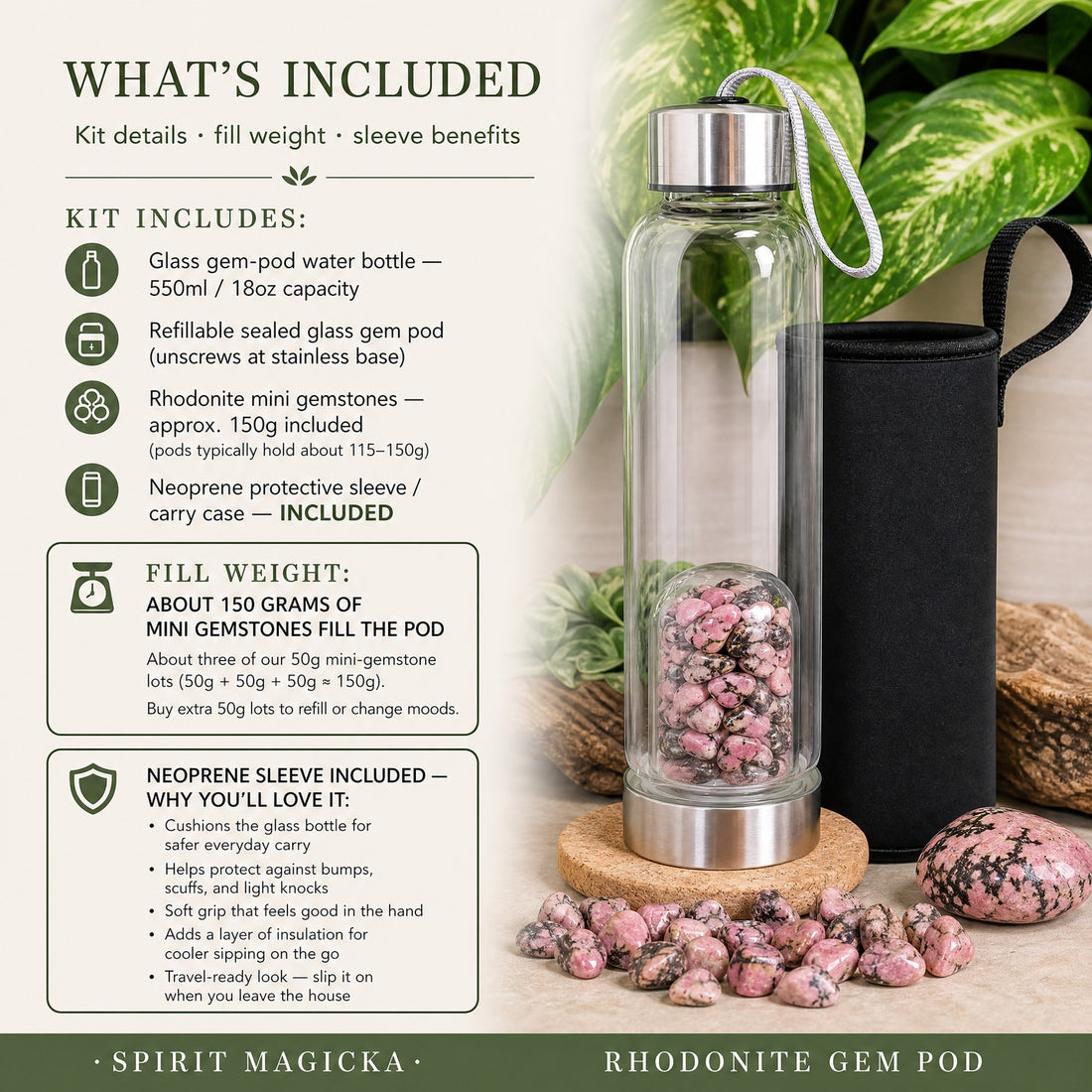 Gem pod water bottle with pink and black rhodonite mini gemstones in its base pod, a black neoprene sleeve and loose rhodonite stones