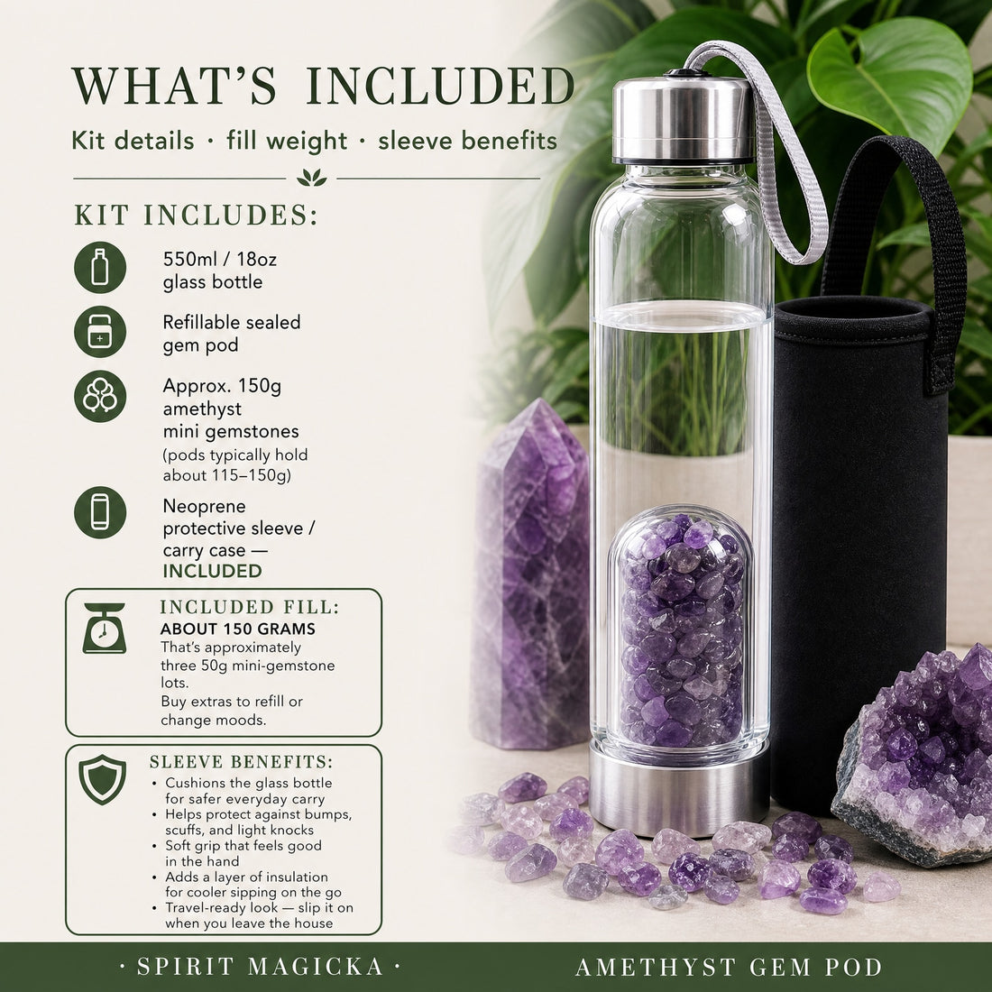 The amethyst gem pod bottle filled with water beside its black neoprene carry sleeve, with loose amethyst mini stones in front