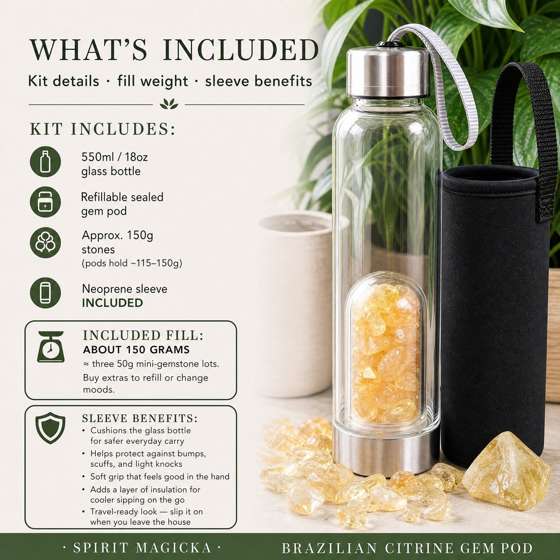 The gem pod bottle filled with golden Brazilian citrine minis beside the black neoprene carrying case