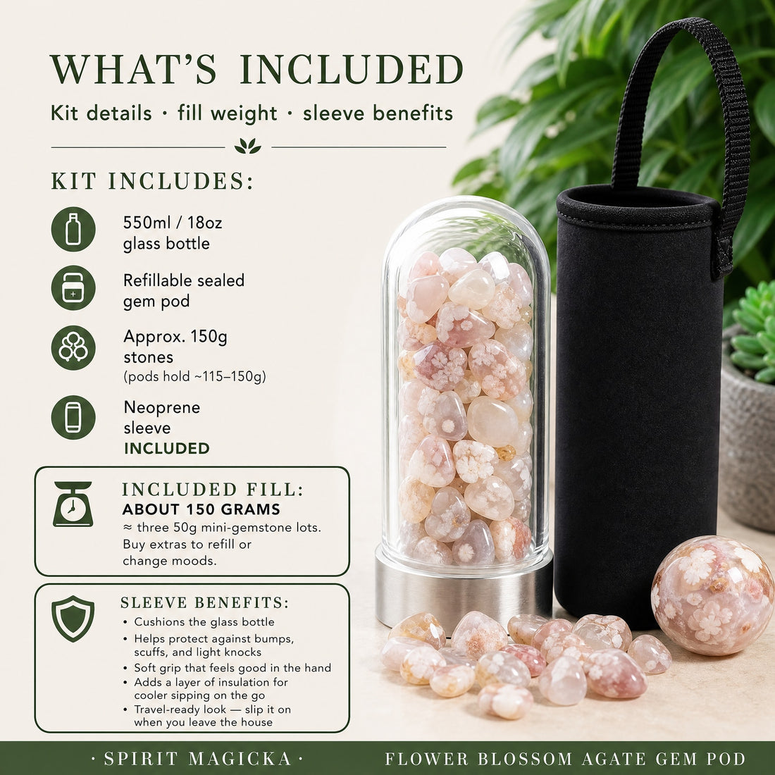 The flower blossom agate gem pod on its stainless steel base beside the black neoprene carry sleeve, with loose flower agate stones in front