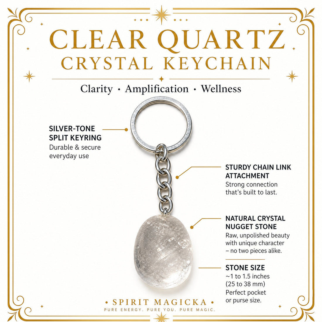 A clear quartz nugget hanging from a silver-tone chain and split keyring