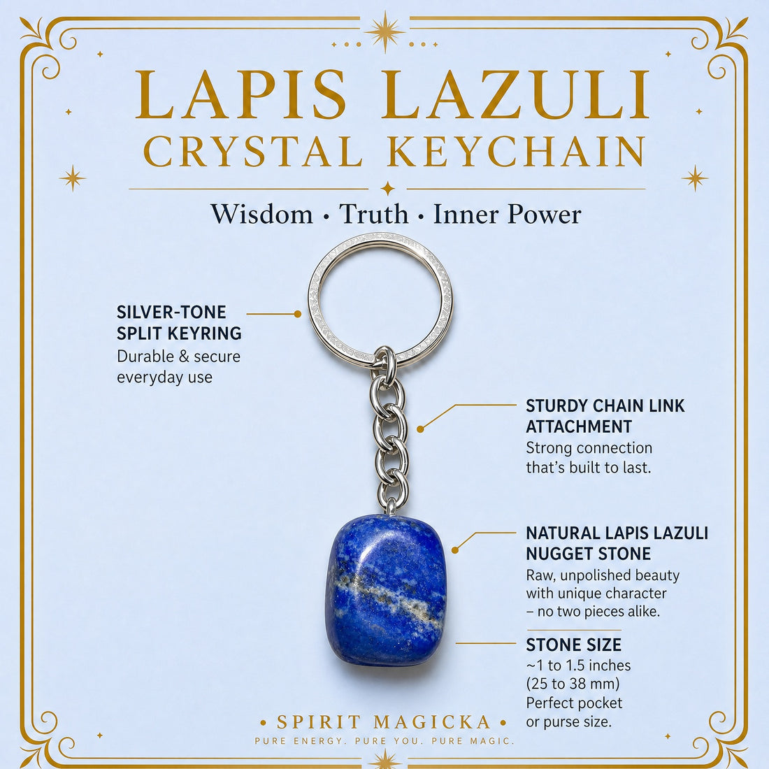 A deep blue lapis lazuli nugget with a white and gold vein, hanging from a silver-tone chain and split keyring