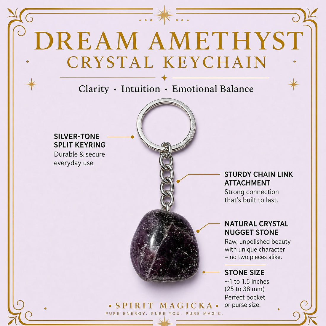 The dream amethyst keychain laid out with labels: silver-tone split keyring, chain link attachment and the purple banded stone, about 1 to 1.5 inches
