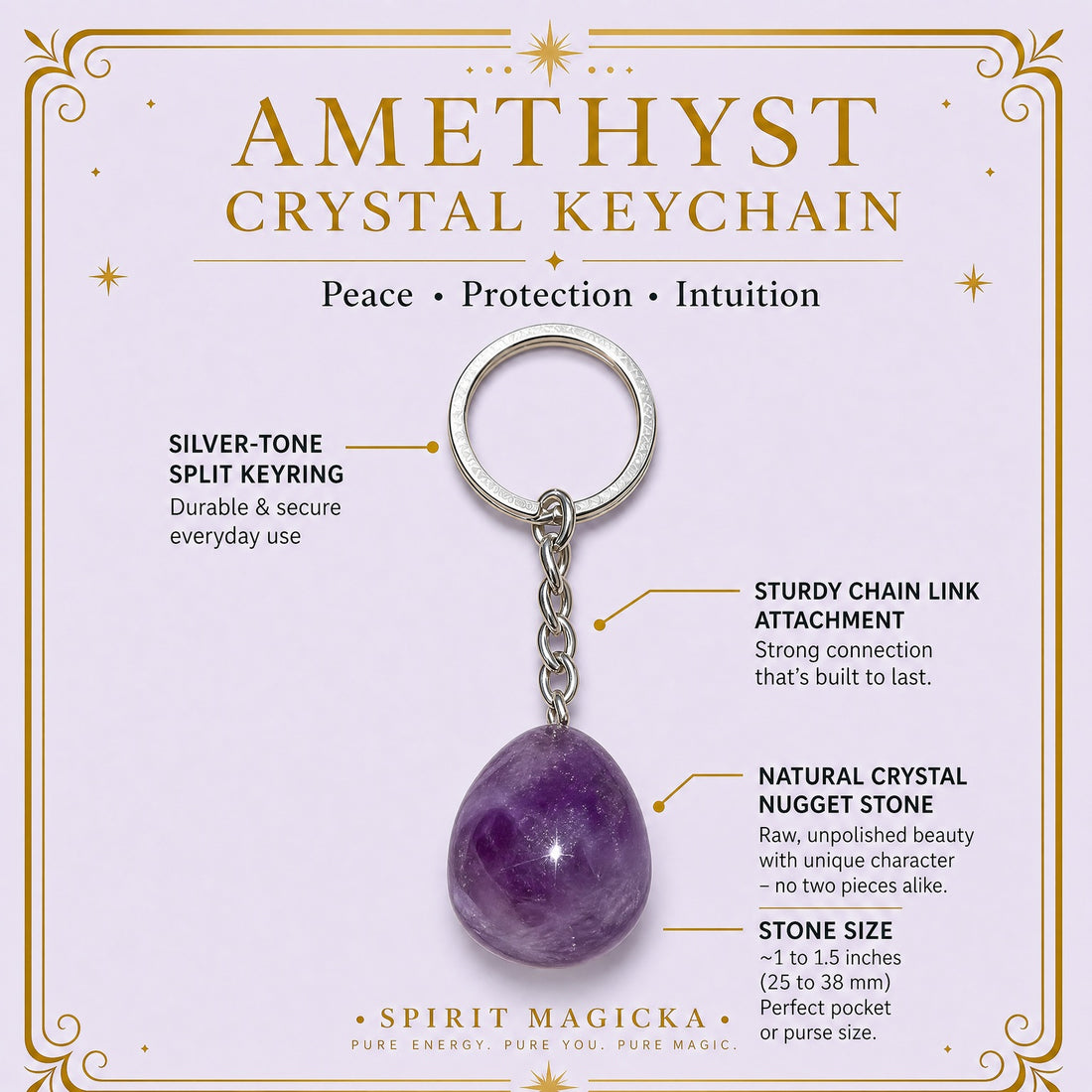 The keychain laid out with labels: silver-tone split keyring, chain link attachment and the purple amethyst stone, about 1 to 1.5 inches
