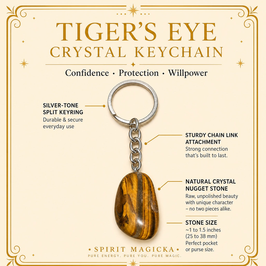 Tiger's eye keychain up close: a golden-brown banded tiger's eye stone on a silver-tone chain and split keyring