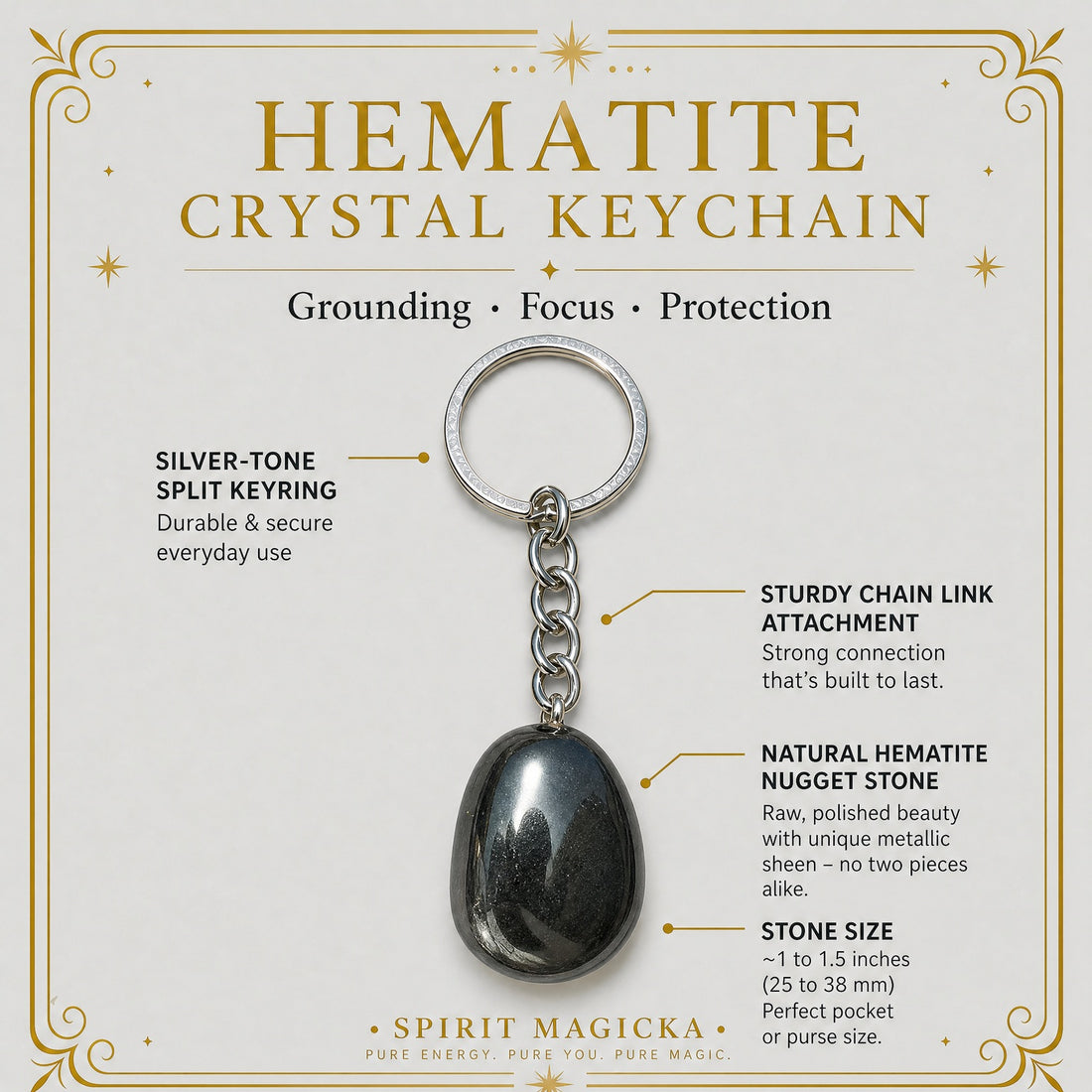 Hematite keychain up close: a polished dark silver hematite stone on a silver-tone chain and split keyring