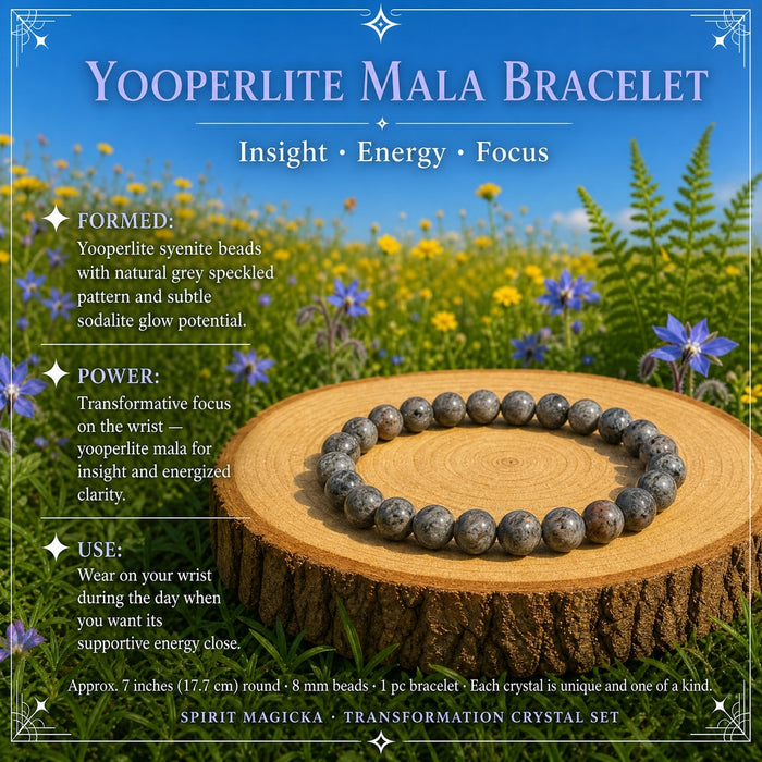 Yooperlite mala bracelet of speckled grey 8 mm beads on a wood slice
