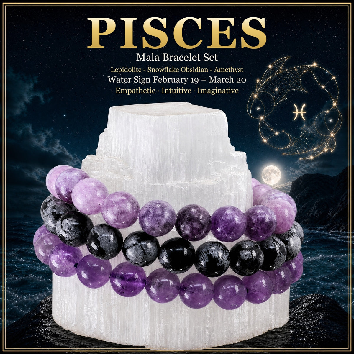 ♓ Poissons - 19 février - 20 mars - Ensemble de bracelets en cristal d'astrologie du zodiaque
