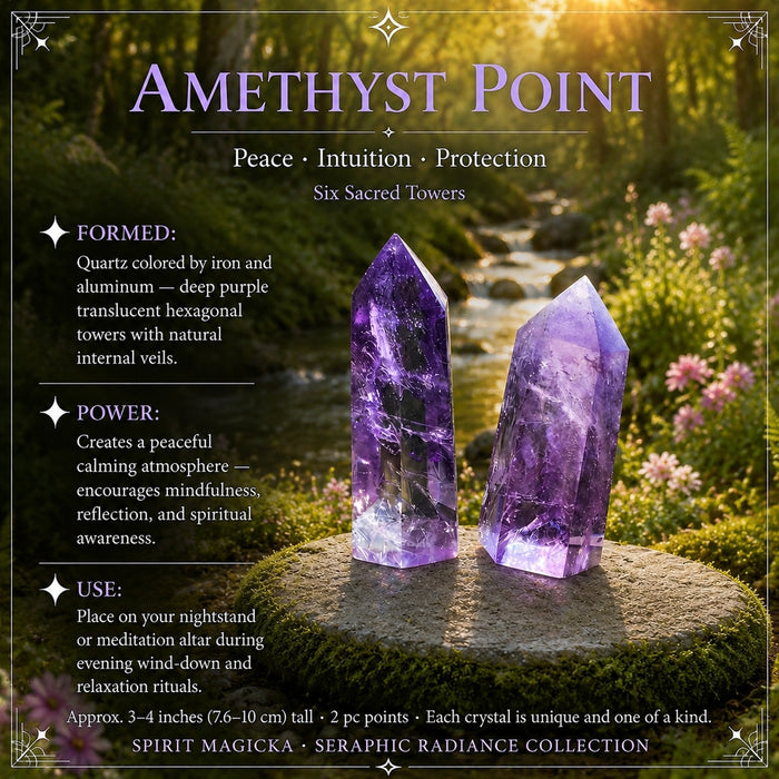 Two deep purple amethyst points standing on a mossy stone