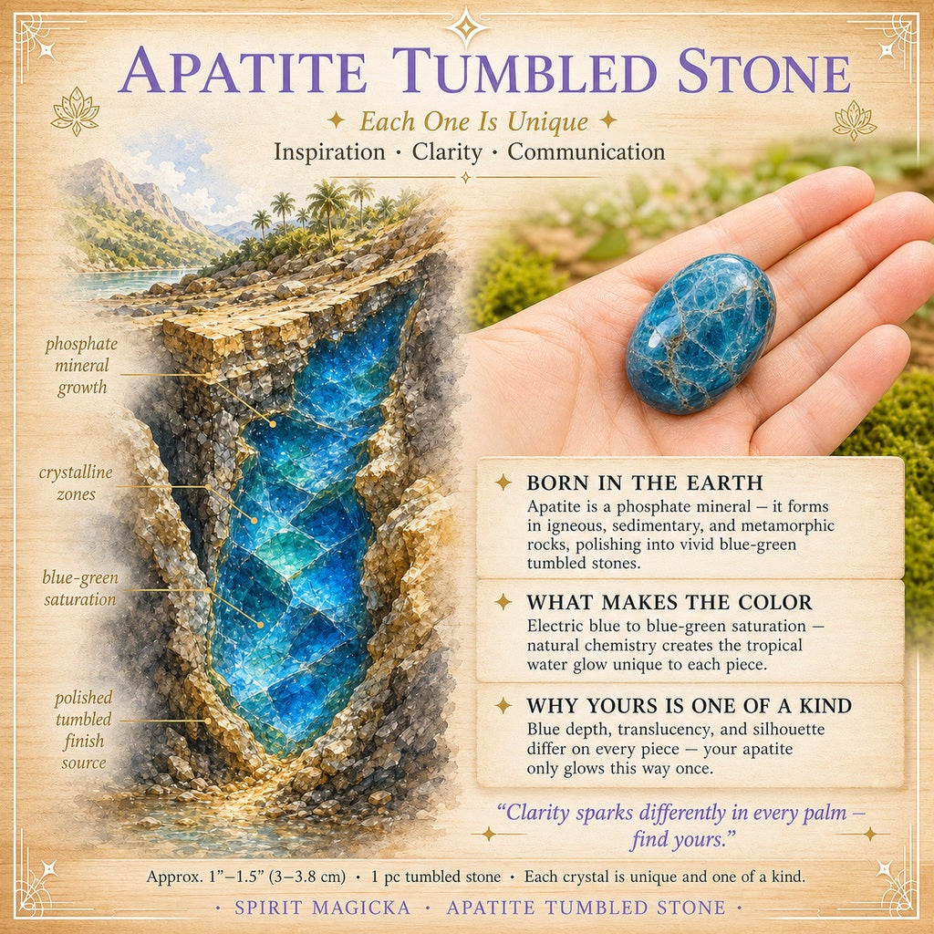 Illustrated guide to blue apatite forming in layered rock, beside a polished blue apatite tumbled stone resting in an open palm