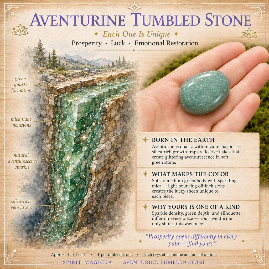 Illustrated guide to aventurine forming in green quartz with mica flakes, beside a tumbled stone resting in an open palm
