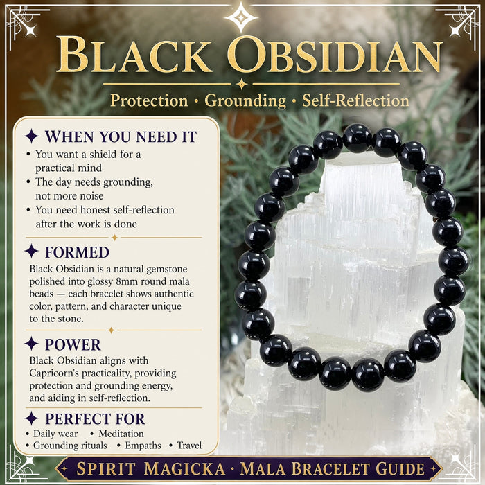 Glossy black obsidian bead bracelet on a selenite tower