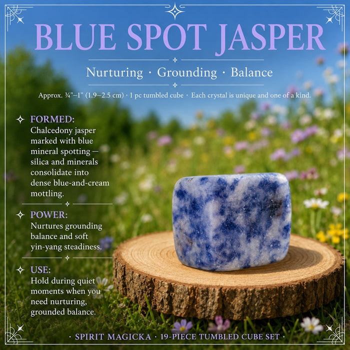 Blue Spot Jasper tumbled cube on a wooden round in a wildflower meadow