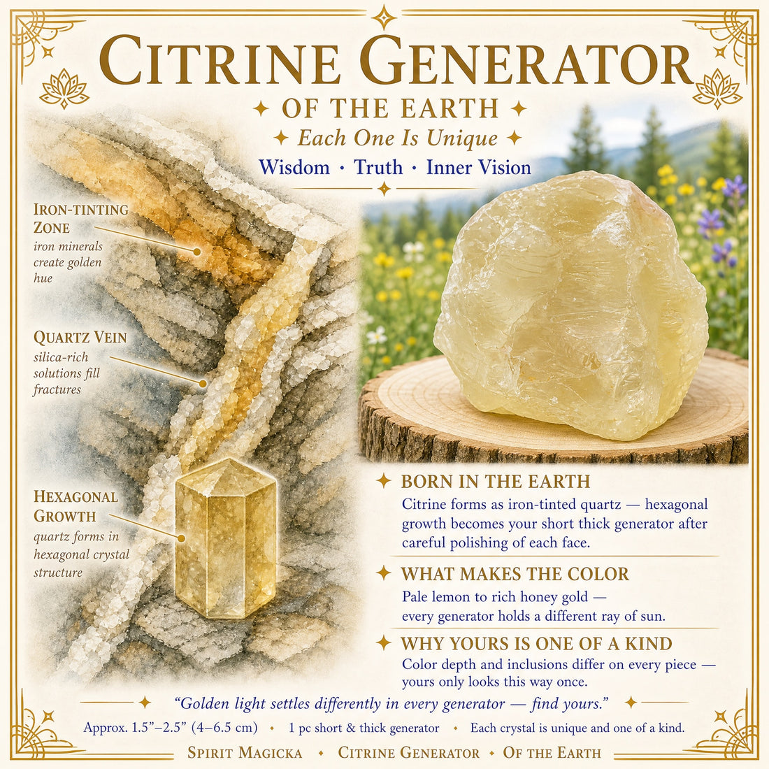 Illustrated cross-section of golden quartz veins and a hexagonal crystal in rock, beside a rough citrine on a wooden slice