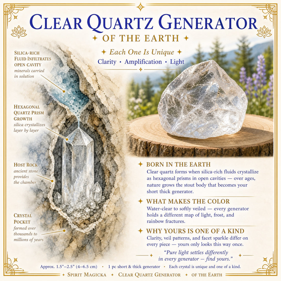 Illustrated guide to how clear quartz grows as hexagonal prisms in a rock cavity, beside a clear quartz piece on a wood slice