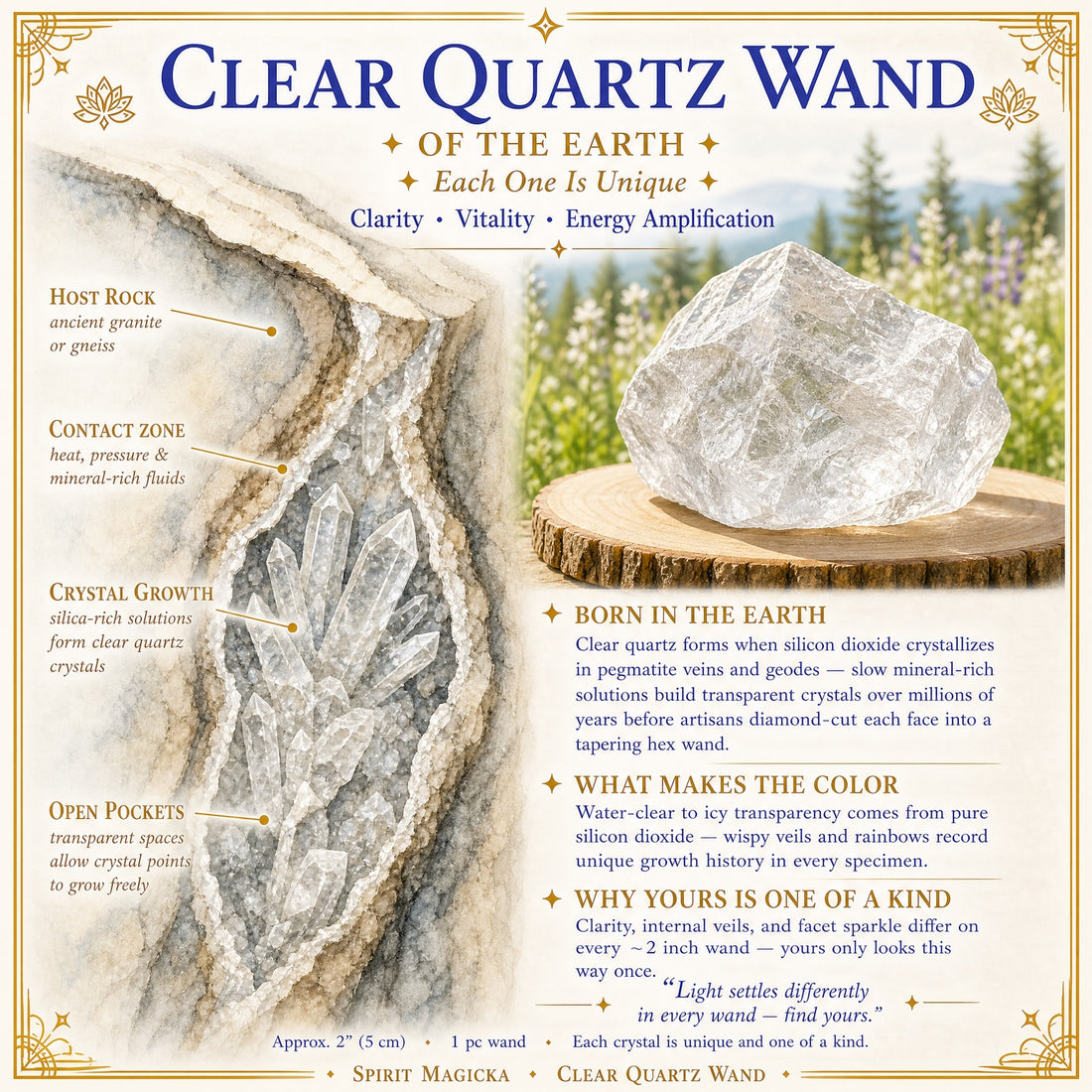 Illustrated cross-section of quartz crystals growing in a pocket of host rock, beside a rough clear quartz crystal on a wooden slice