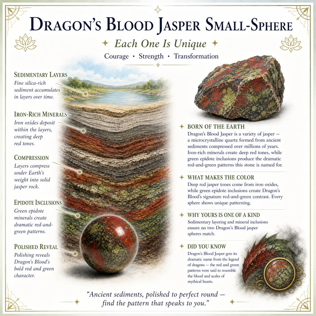 Illustration of red, iron-rich sedimentary layers with green epidote beside a rough piece and a polished sphere of dragon blood jasper