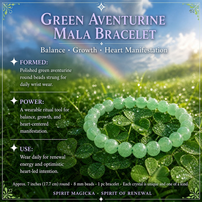 A stretch bracelet of polished pale green aventurine beads resting on clover