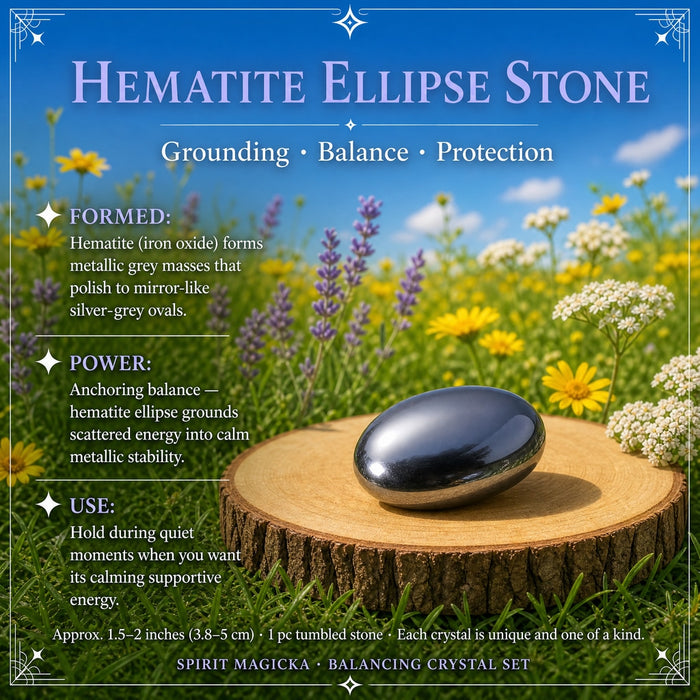A mirror-like silver-grey hematite ellipse stone on a wood slice