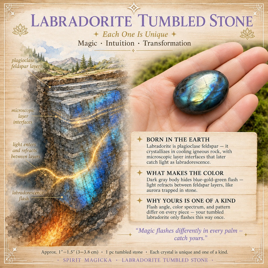 A labradorite tumbled stone flashing blue and gold in an open palm, beside an illustrated cross-section of the feldspar layers that create its shimmer