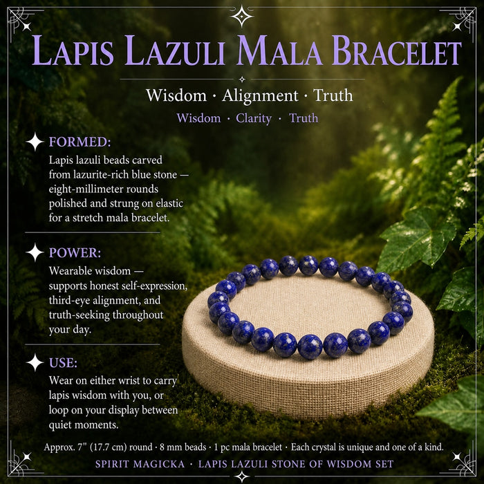 Deep blue lapis lazuli bead mala bracelet on a linen stand