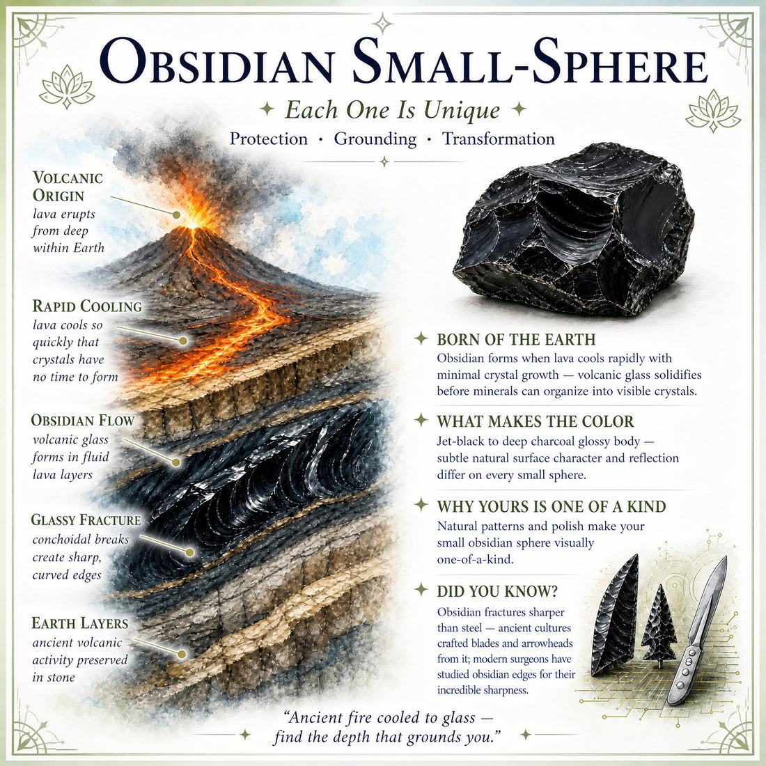 Illustration of obsidian forming as lava cools rapidly, beside a rough piece of glassy black obsidian and ancient obsidian blades