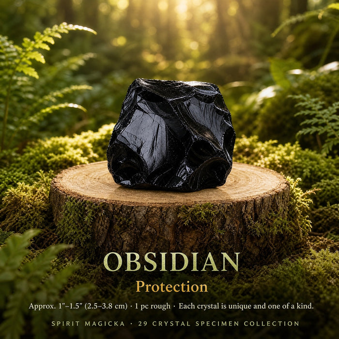 Rough glossy black obsidian on a wood stump