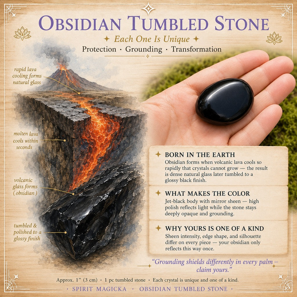 Illustration of lava cooling into black volcanic glass beside a hand holding a polished obsidian stone