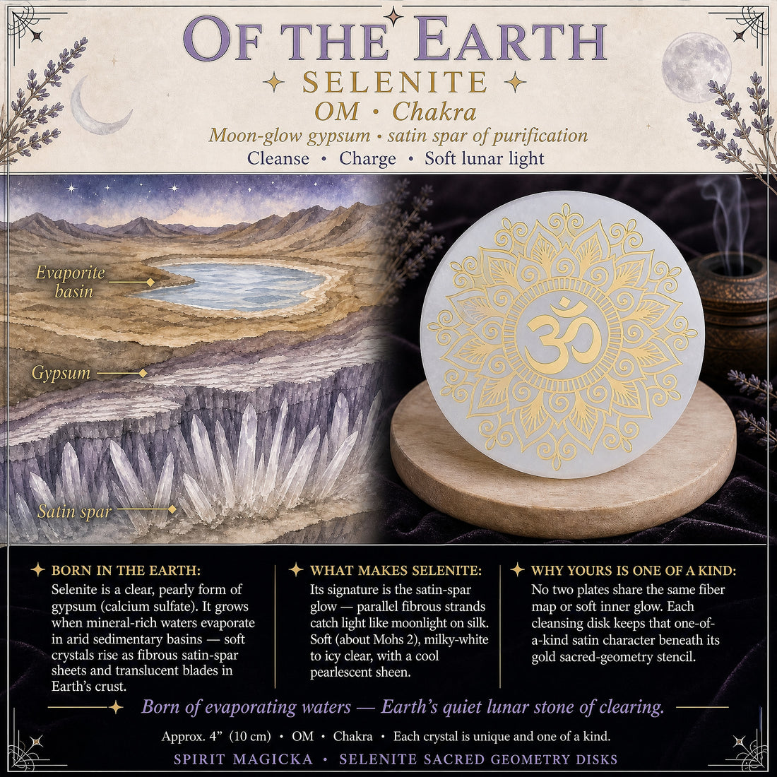 Illustration of an evaporating seawater basin where selenite forms, beside the finished OM disk