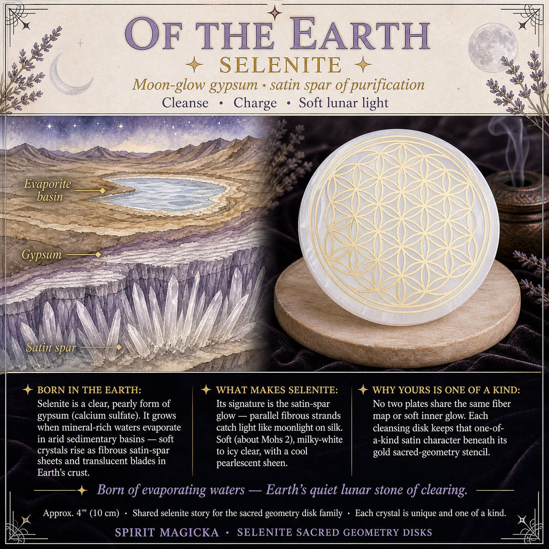 Illustration of an evaporite basin with gypsum layers and satin-spar selenite blades, beside the Flower of Life selenite disk